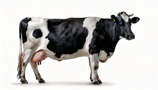 Black and White Holstein Dairy Cow Isolated on White Background with Visible Udders