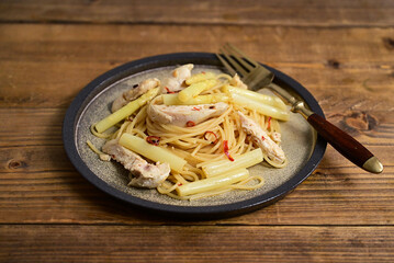 鶏むね肉とホワイトアスパラのペペロンチーノ