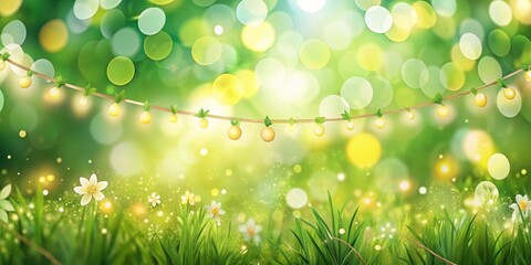 Obraz premium A String of Lights Illuminates a Lush Green Meadow with Delicate White Flowers and Sparkling Bokeh Effects