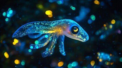Glowing Bioluminescent Squid in Dark Waters