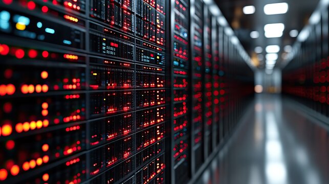 A 3D illustration of multiple databases organized in relational tables against a server room backdrop, symbolizing data storage and SQL server management.