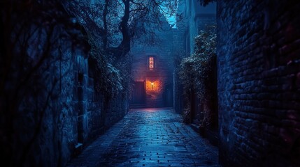 Obraz premium Dark alley with haunted house at the end, eerie glowing lights