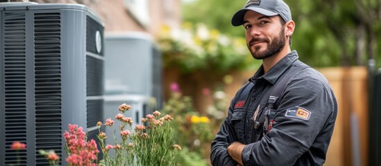 A young male technician with a confident look, standing near an air conditioning unit in a residential backyard with green foliage in the background.