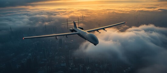 A small, grey plane flies through the clouds above a city at sunset.
