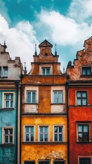 Fototapeta premium Colorful Historic European Buildings with Ornate Facades Under a Vibrant Blue Sky and Fluffy Clouds