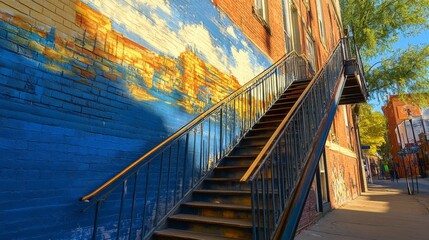 Vibrant Brick Wall and Staircase in Urban Setting