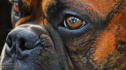 A close-up shot of a boxer dog's face, focusing on its eye and nose. The texture of the nose skin is clearly visible, along with reflections in its golden-brown eyes