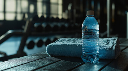 blue water bottle and towel in gym setting - stock image