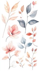 Fototapeta premium Elegant Watercolor Floral Illustrations with Delicate Leaves and Blossoms in Soft Pastel Shades on a White Background