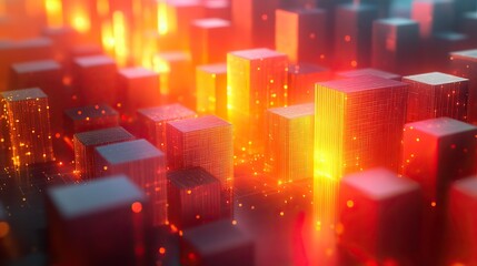 A 3D rendered background featuring multicolored blocks with dominant orange and yellow hues, creating a tech-inspired visual for wallpapers.