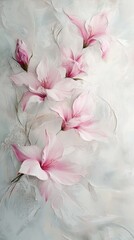 Elegant Abstract Floral Painting with Soft Pink Blossoms on Textured White Background