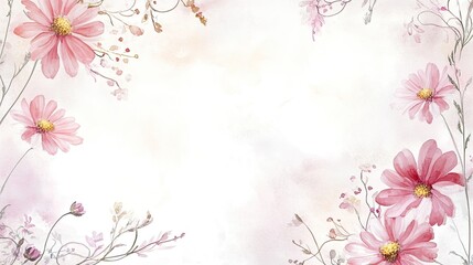 Naklejka premium Elegant Floral Watercolor Background with Pink Daisies and Delicate Branches for Invitations and Artistic Designs
