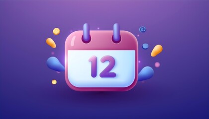 A vibrant calendar icon featuring the number 12, set against a purple background with colorful splashes, representing dates and events.