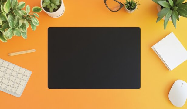 A sleek blank black desk mat mockup displayed on a vibrant orange and white office table, showcasing the edges of the mouse pad at one end. 