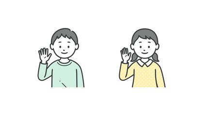 片手を上げて挨拶をする少年少女の上半身イラスト