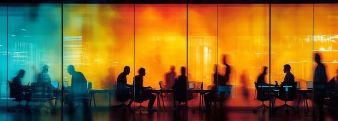 Obraz premium A dynamic blurred photograph of an office team meeting, showcasing silhouettes and shadows in motion behind glass walls. Modern business decor, including sleek desks and comfortable chairs 