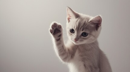 Obraz premium Photo of cat raising its paw, close-up, on clean solid background, pet relief concept, pets, care and maintenance, cute animals in home environment 