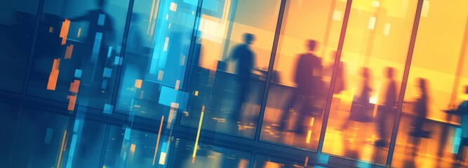 A dynamic blurred photograph of an office team meeting, showcasing silhouettes and shadows in motion behind glass walls. Modern business decor, including sleek desks and comfortable chairs 