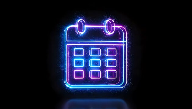 A neon-styled calendar icon glowing in vibrant blue and pink against a dark background, symbolizing scheduling and organization.