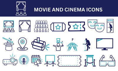 Movie cinema icon set. Stage, entertainment, cinema, spotlight, ticket, theater, concert, event, circus, vector illustration.