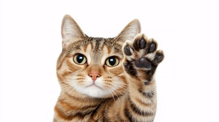 Obraz premium Photo of cat raising its paw, close-up, on clean solid background, pet relief concept, pets, care and maintenance, cute animals in home environment 