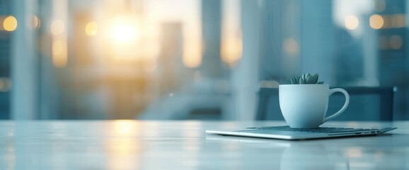Fototapeta premium Serene Workspace Morning Coffee with Laptop and Succulent Plant at Sunrise