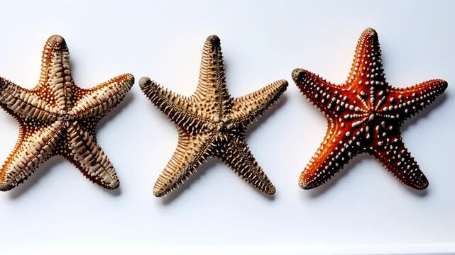 Three starfish are lined up on a white surface