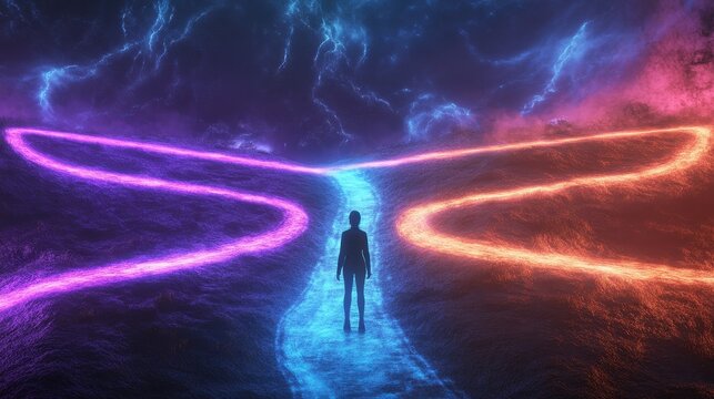 A mysterious figure stands at a vibrant crossroads, where colorful paths of blue, pink, and orange converge under a cosmic sky.