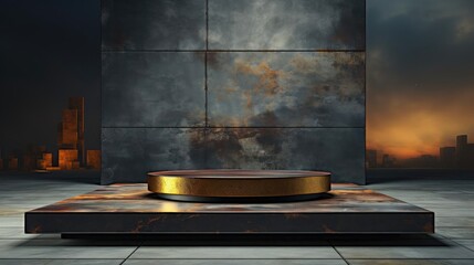 a round object on a platform in front of a wall