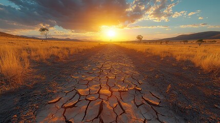 A barren outback landscape, scarred by climate change, is depicted with cracked, dry earth as a powerful reminder of environmental destruction and its impact.
