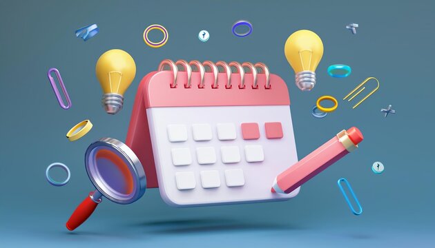 A colorful, 3D calendar surrounded by light bulbs, paperclips, and a magnifying glass, symbolizing organization and creativity.