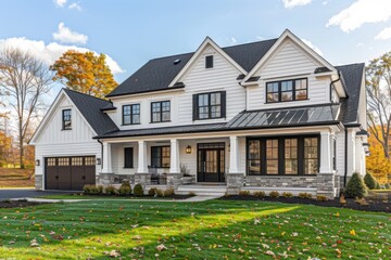 Elegant suburban farmhouse with white exterior, black accents, and fall foliage in the background.