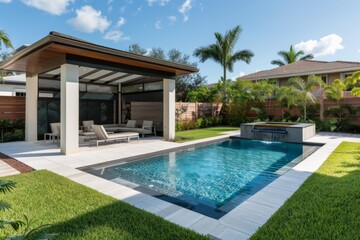 Modern Miami outdoor pool with concrete patio, gazebo, and seating area under shade with water feature