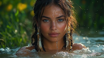 Obraz premium A beautiful native woman collects pure water in a natural environment, symbolizing the connection between humanity and Earth’s resources.