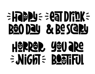 Halloween Funny Quotes Set. Vector Hand Lettering of Halloween Phrases Collection. Halloween Design Element for Greeting Card, Banner or Poster.