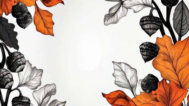 A close-up illustration of orange and gray leaves with acorns on a white background