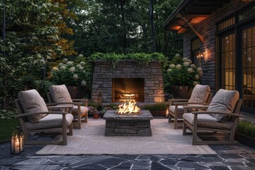 Obraz premium Nighttime Outdoor Patio with Stone Walls, Wood Textures, and Fire Pit on Beige Rug for Socializing