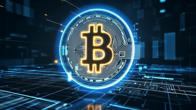 A glowing Bitcoin symbol sits on a digital circuit board, representing the future of finance