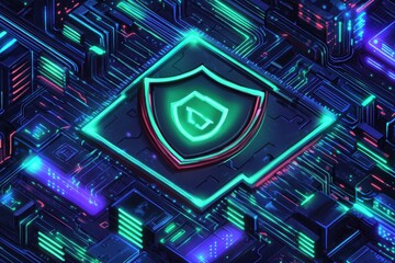 Fototapeta premium A digital shield icon on a circuit board background, symbolizing cybersecurity.