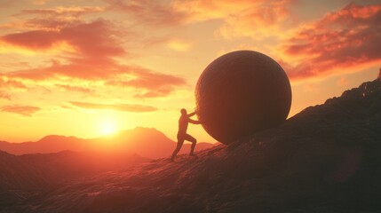 Man Pushing a Boulder at Sunset