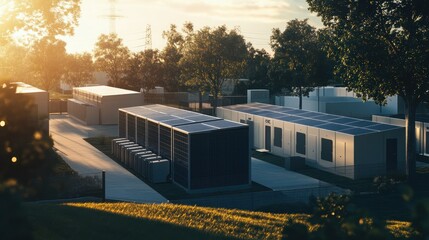 A community using a microgrid electricity solution during a power outage, with solar panels and battery storage keeping essential services like hospitals and schools running
