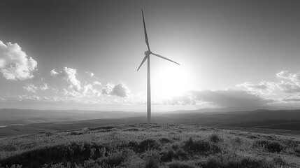 A black-and-white photo captures the powerful silhouette of a wind turbine set against the wide-open sky, a symbol of clean energy.