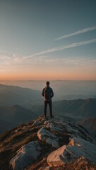 Silhouetted figure on mountain peak at sunset, gazing at vast landscape below