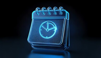 A digital calendar icon with a clock, representing time management and scheduling in a modern, futuristic design.