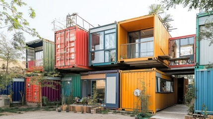 A housing project in progress using recycled shipping containers, showing the creative reuse of materials for affordable and eco-friendly urban living