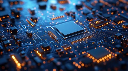 A blue background featuring a modern computer circuit board, symbolizing technological advancements.
