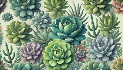 A detailed botanical background featuring an array of exotic succulents