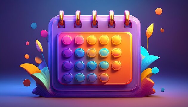 A colorful, stylized calendar illustration with vibrant elements and a playful design, highlighting a blend of creativity and organization.