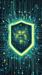 A digital shield symbolizing cybersecurity with circuit patterns and glowing elements.
