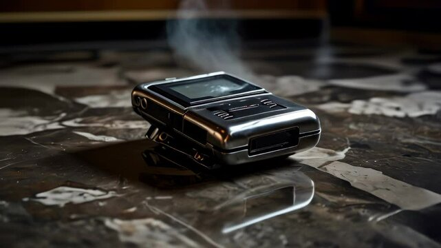 Old-school cassette player emits smoke while sitting on a marble surface in a dimly lit room